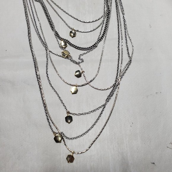 CACHE multi-layered 9-strand layered silver necklace with gold charms - Picture 3 of 9